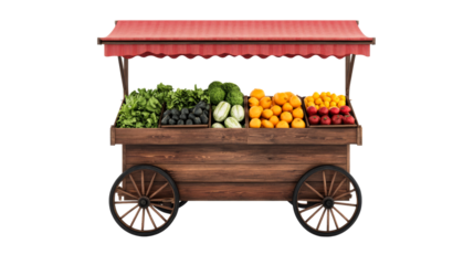 Farmers market cart filled with various fresh produce, cut out transparent