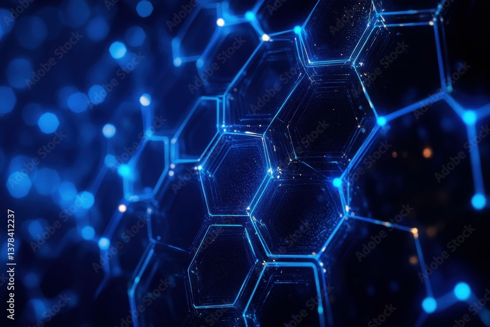 Poster illuminated hexagons: exploring the intricate beauty of a digital network. an abstract representatio