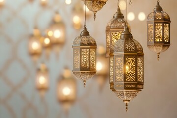 Elegant ramadan kareem greeting with golden lanterns and intricate islamic patterns in warm glow