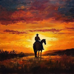Fototapeta premium A lone cowboy silhouetted against a vibrant sunset rides his horse across the vast and peaceful western plains at dusk.