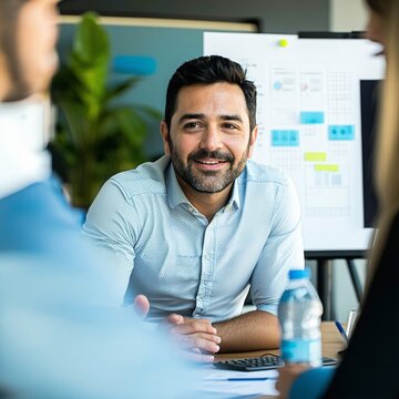 Gerente de proyecto hispano discutiendo ideas con el equipo en la oficina. Toma amplia, desde la distancia, capturando la atm&oacute;sfera colaborativa.