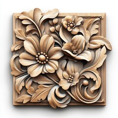 An intricately carved wooden panel showcases a beautiful floral design with ornate leaves and blossoms in a square frame perfect for home decor or design projects.