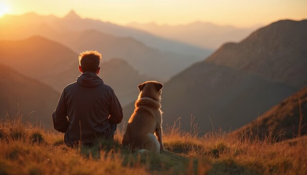 Man with dog sit on hill, enjoy amazing sunset landscape view. Guy owner and pet friend watching nature. Friendship love between dog and man outdoors in morning or evening.