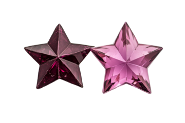 Two shiny pink stars with facets on black background, cut out transparent