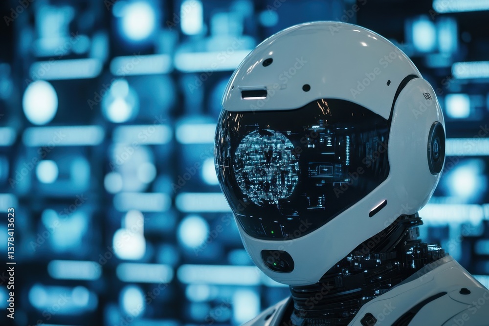 Poster futuristic robot with advanced interface in a tech-rich environment