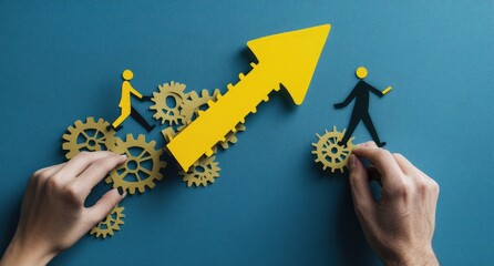 Collaborative progress and teamwork.  Hands carefully assemble interconnected gears, forming a path upward, with small figures representing individuals climbing the ladder of success
