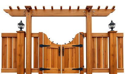 Rustic wooden gate and fence beautifully arranged against a bright white background. AI Generated