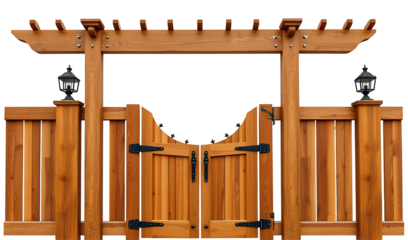 Rustic wooden gate and fence beautifully arranged against a bright white background. AI Generated