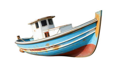 Weathered fishing boat rests gently on white background subtly lit showcasing vibrant blue paint and rustic charm.. AI Generated