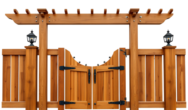 Rustic wooden gate and fence beautifully arranged against a bright white background. AI Generated