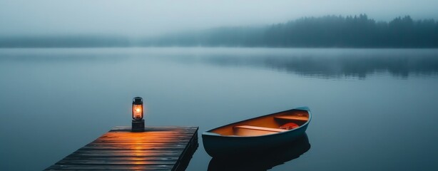A mysterious dock juts out into a foggy lakeside landscape, where a lone boat and lantern are situated