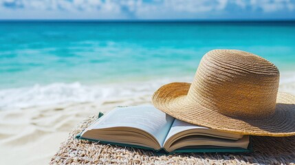 Seaside Escape: Sun hat and open book rest on the sandy beach, inviting tranquility, a perfect composition for leisurely activities and idyllic getaways