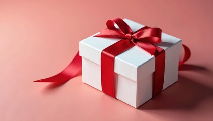 Obraz premium Elegant red ribbon adorns white wood gift box , texture, gift, gift box