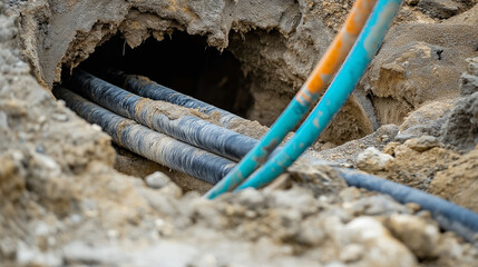 AI generator image of professional photopgraphy of engineering and geotechnical and structural works. Use a company style ,underground electrical and cable laying works,fiber optics