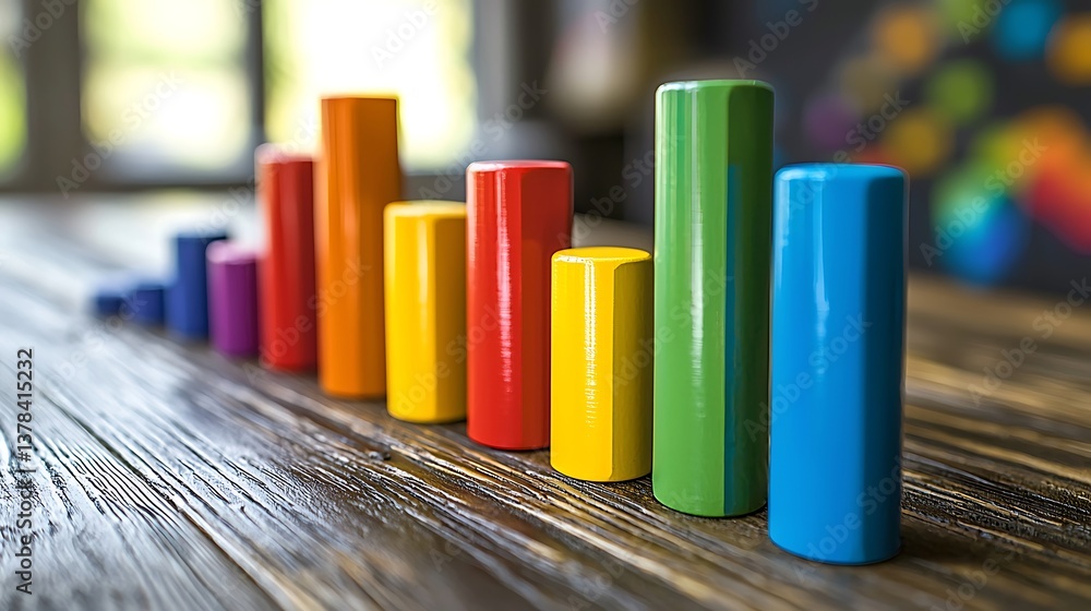 Poster colorful blocks ascending bar graph chart representing growth success data