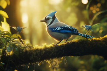 Curious Blue Jay Bird Perched on a Mossy Branch in Golden Sunlight, Symbolizing Nature’s Beauty.