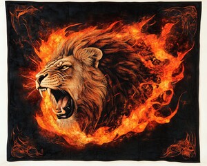 On a dark background, a lion's fierce roar is accompanied by its vibrant, glowing mane in neon orange