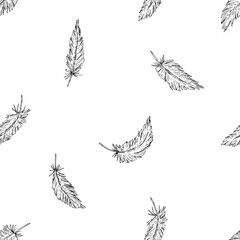 Seamless pattern with hand drawn bird feathers in ink line art style. Repeating design on dark background, ideal for textile prints, wrapping paper, wedding projects, or rustic stationery.