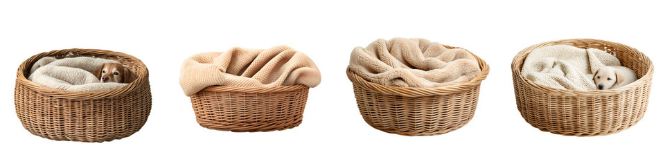 Obraz premium A group of woven wicker baskets filled with plush textured blankets and cushions creating a warm and inviting atmosphere for a cozy household interior