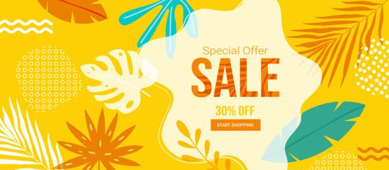 Summer sale banner design for website, summer greeting template in colorful background, summer abstract design