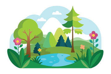 Obraz premium Colorful Forest with Blue Pond Trees & Flowers on White Background