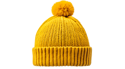 Yellow woolen knitted winter hat with pompom, cut out transparent