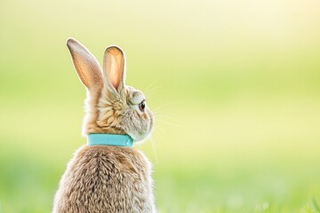 Obraz premium A curious bunny wearing a light blue collar gazes into a sun-drenched meadow, bathed in soft, warm light.
