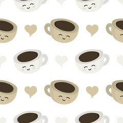 seamless pattern illustration of two coffee cups with smiling faces