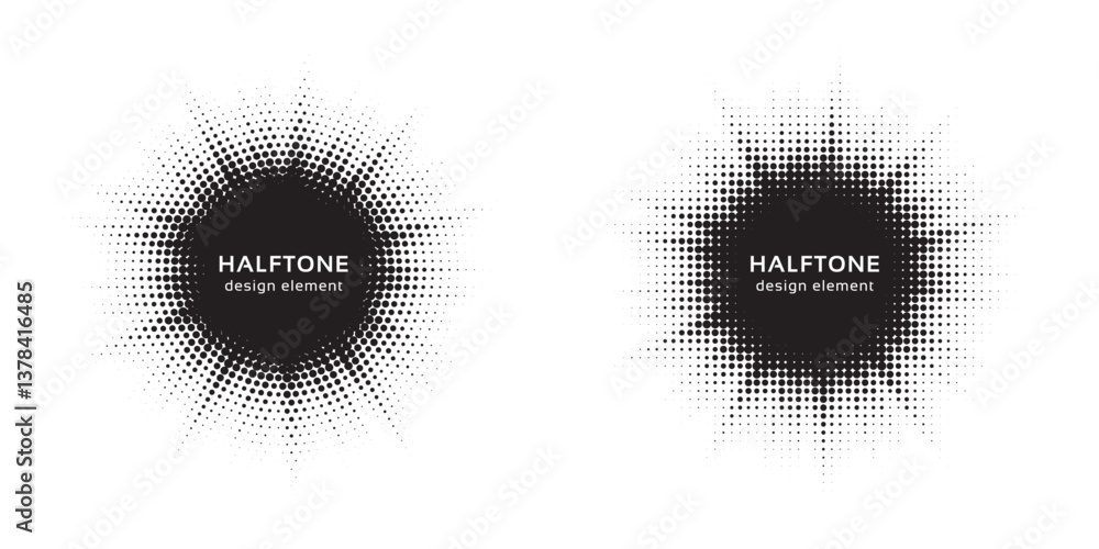 Poster Halftone circle frame background set. Round border Icon using halftone random circle. Grunge circular stain. Vector illustration.