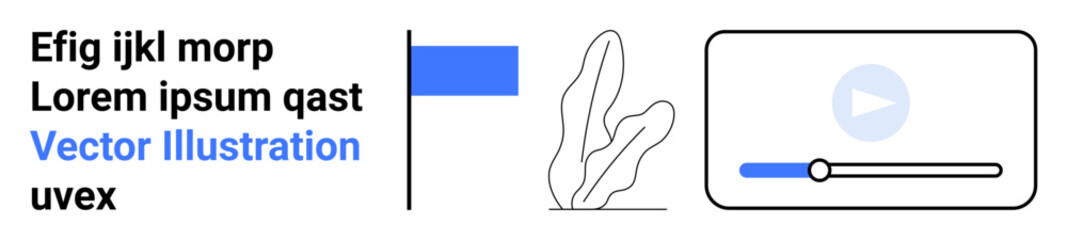 Video interface design with play button, progress bar, plant illustration, blue accent, and placeholder text. Ideal for digital media, user interface, education, streaming minimalism technology
