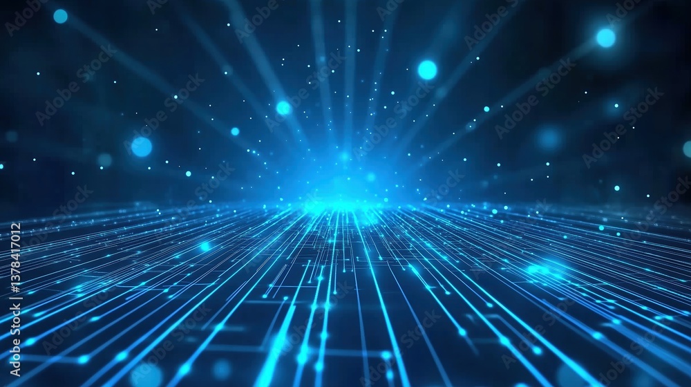 Leinwandbilder Abstract blue glowing digital background with dynamic circuit lines and bokeh lights, technology and data transfer concept for cybersecurity, network connection, artificial intelligence visualization,