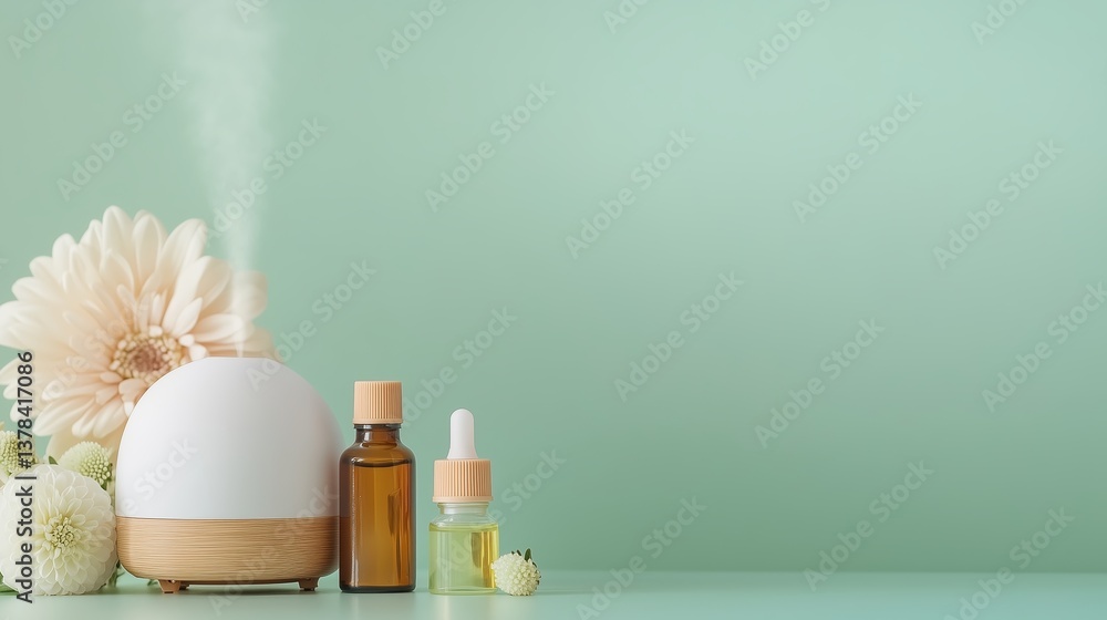 Poster aromatherapy diffuser emits mist with essential oils and flowers on a mint green background during a