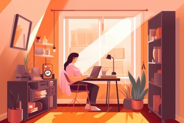 Creating art in a sunlit home office, a woman engages with her laptop amid cozy surroundings and plants