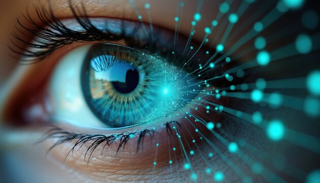 Close-up image of human eye with digital network. Futuristic design technology AI data analysis. Eye vision concept, human machine interface. Digital world concept, data streams flowing from eye.
