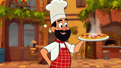 chef with pizza. Comics Cartoon of Pizzaiolo cook with Italian Pizza