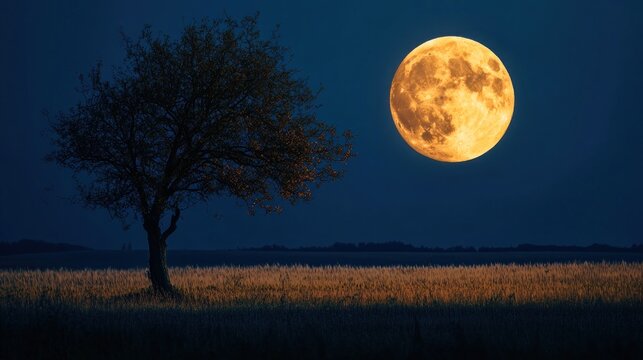 super full harvest moon on night sky back dry branch tree in the field