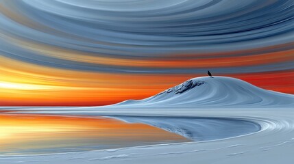 An abstract piece where a snow-covered mountain is represented through fragmented shapes, and the bird is depicted as a stylized silhouette at the top.