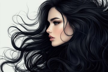 Naklejka premium Ethereal Beauty: A portrait of a woman with flowing black hair, capturing the allure of cascading tresses, evoking a sense of serenity and mystique. 