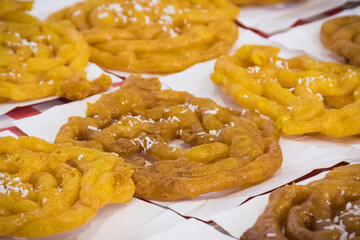 Fresh crunchy aromatic jalebi, zoolbia. Traditional dish Iranian cuisine