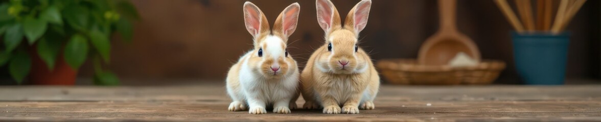 Fototapeta premium Two pairs bunny ears, tiny hands, beneath rustic table, stock, bunny