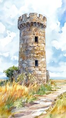 Capture a Pillbox Tower, A picturesque watercolor of a historic stone tower surrounded by golden grass and a scenic sky.