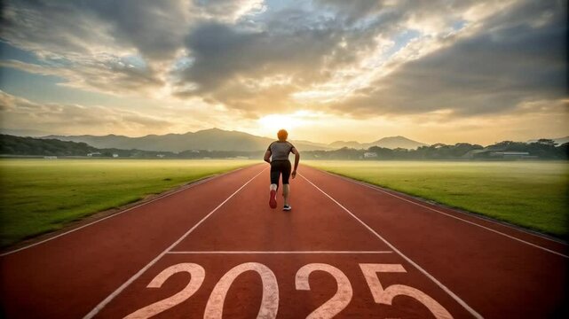 A person ready to run on a track with the year two thousand and twenty five painted on the track