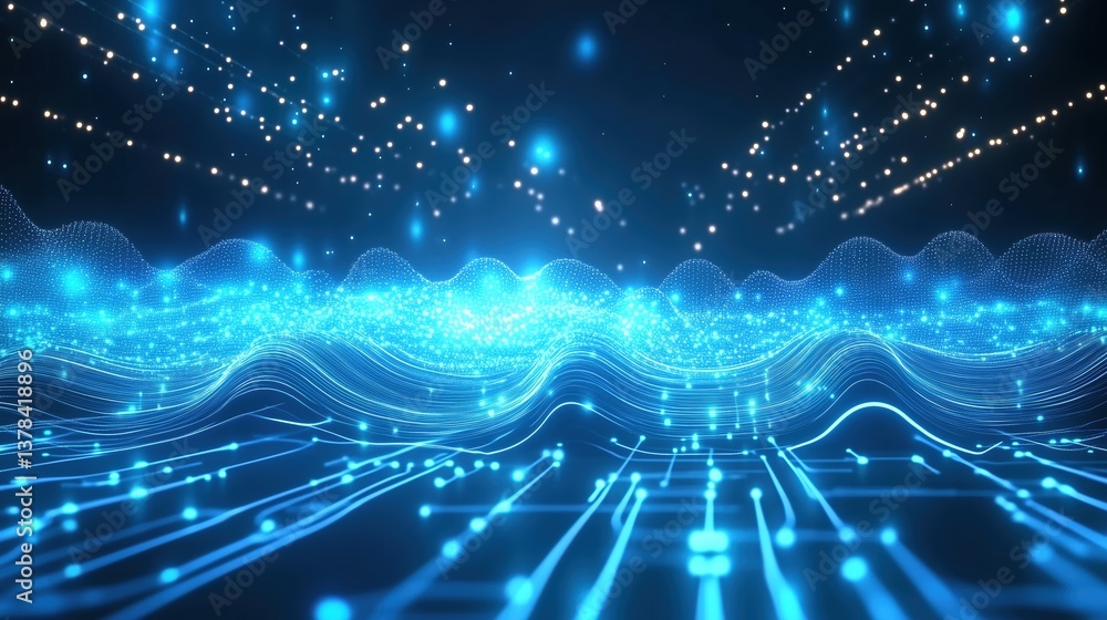 Poster Abstract blue glowing digital background with dynamic circuit lines and bokeh lights, technology and data transfer concept for cybersecurity, network connection, artificial intelligence visualization,