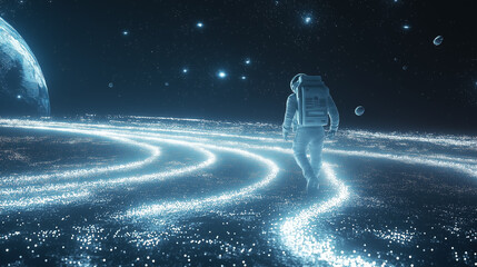 Astronaut walking along planetary trajectory, astronaut, space background, man in the space