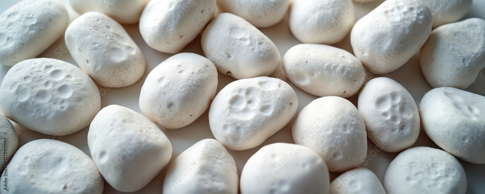 Poster collection of smooth white pebbles. stones with intricate patterns create abstract composition. ligh