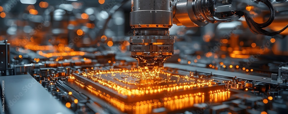 Poster futuristic robotic quantum computing chip assembly in a high tech lab