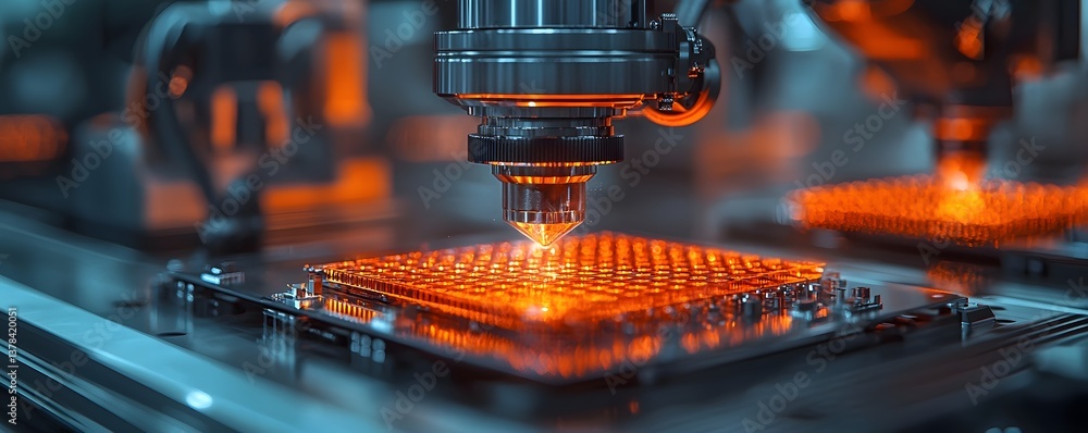 Poster robotic assembly of a glowing quantum computing chip in a high tech lab