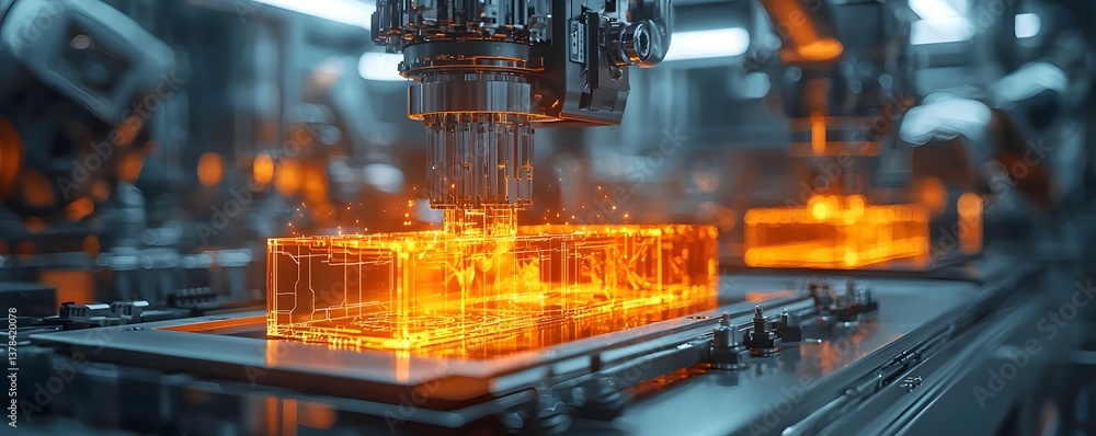 Poster futuristic quantum computing chip being assembled by robotic arms in a high tech lab