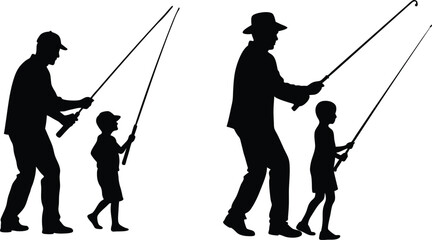 Obraz premium Father and son fishing silhouette