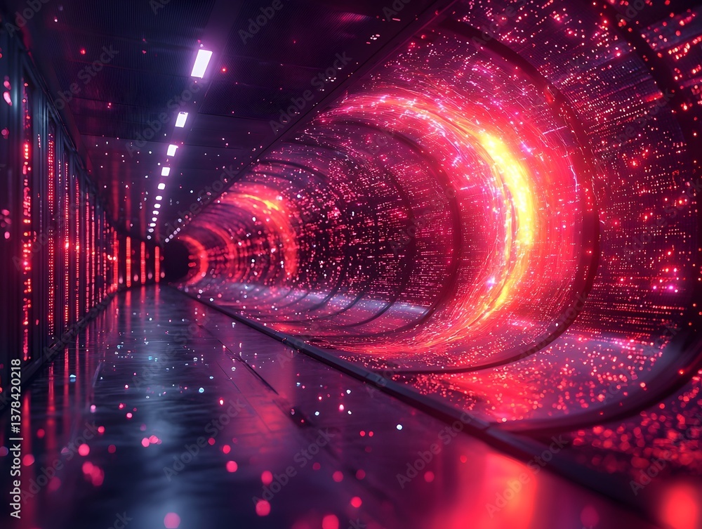 Poster glowing quantum computing server room with dynamic energy patterns